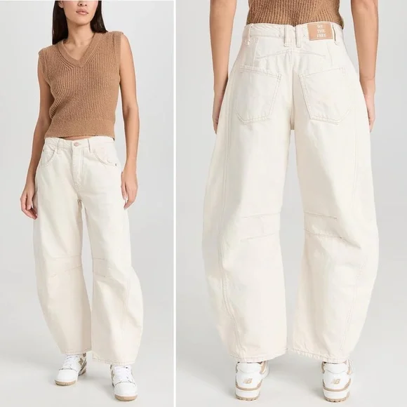 Free People Good Luck Barrel Jeans 29 Cream Milk Denim Curved Bow Leg Boho Chic - Picture 4 of 14